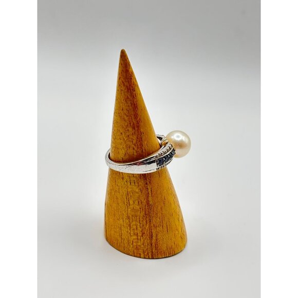 White Cultured Japanese Akoya Pearl & Blue Diamond Sterling Silver Ring - Picture 14 of 14